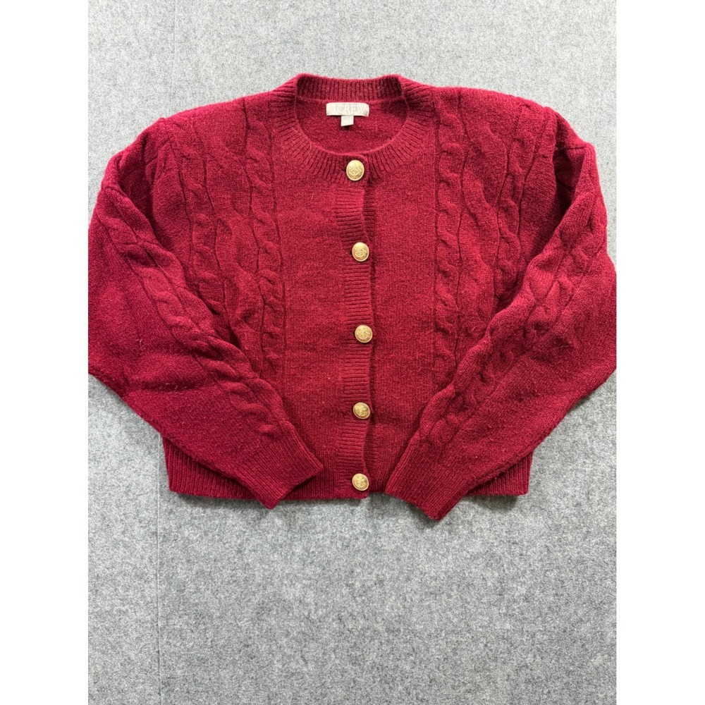 J.Crew Womens Alpaca Wool Blend Red Cable Knit Cropped Cardigan Gold Button Sz S